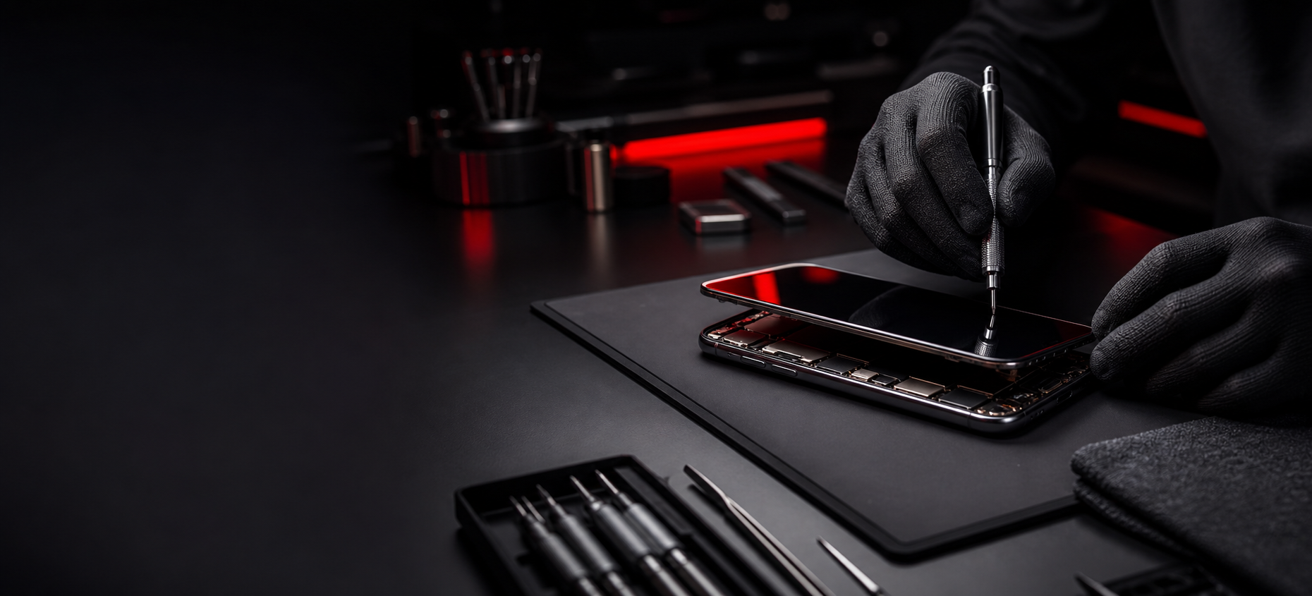 Smartphone em reparo em bancada técnica premium com iluminação vermelha